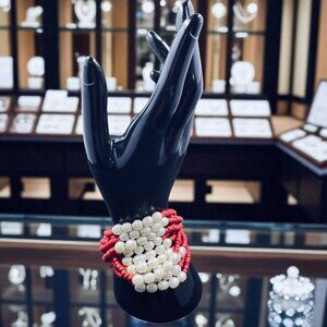 Chunky Pearl Beaded Bracelet Red White Statement‎ Stretch Boho Layered Y2K